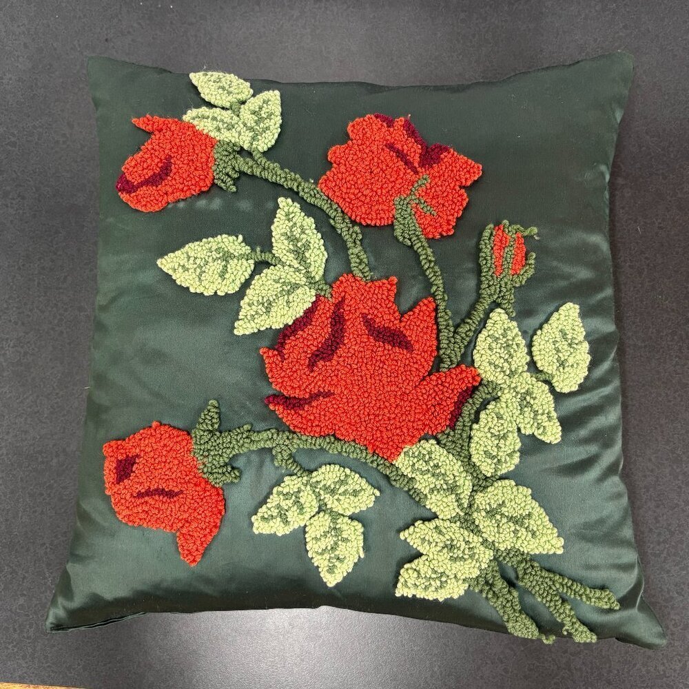 Vintage Embroidered Throw Pillow Handcrafted Needlework Roses, Floral